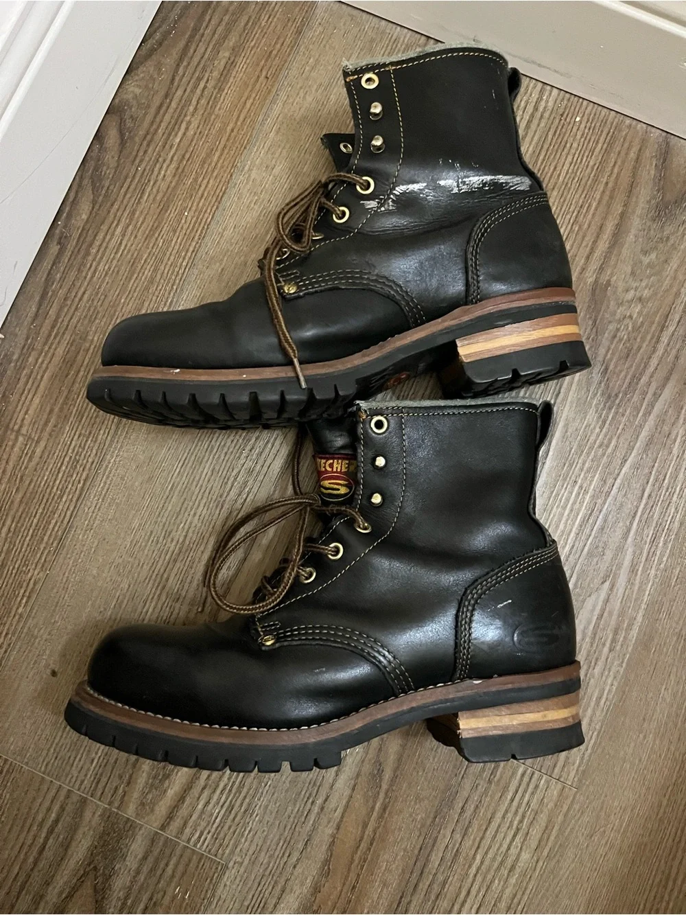 Vtg 90s Sketchers Black Leather Lace-Up Work Boots 10